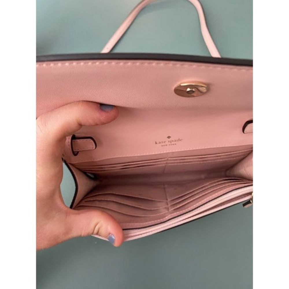 Kate Spade Pink Saffiano Leather Crossbody Wallet Bag Clutch Gold Logo - Picture 7 of 11